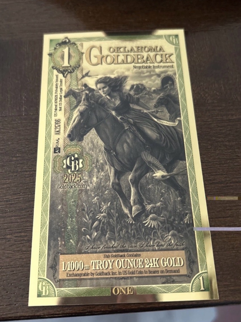 Oklahoma Goldback 1 Gold Note - Limited Availability